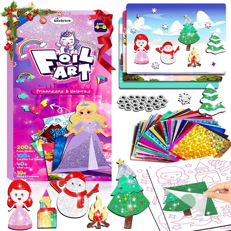 Baobrava Foil Art Fun Kit for Kids - Christmas Ornaments Craft Kit, DIY Christmas Princess& Unicorn Foil Art Craft Activity for Kids, Creative New Year Birthday Gifts Travel Toys for 4 and Up - Image 1